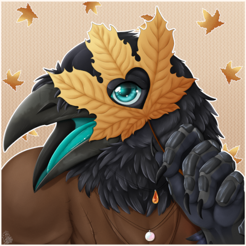 thjalfi the raven looking through a heart-shaped hole in a maple leaf